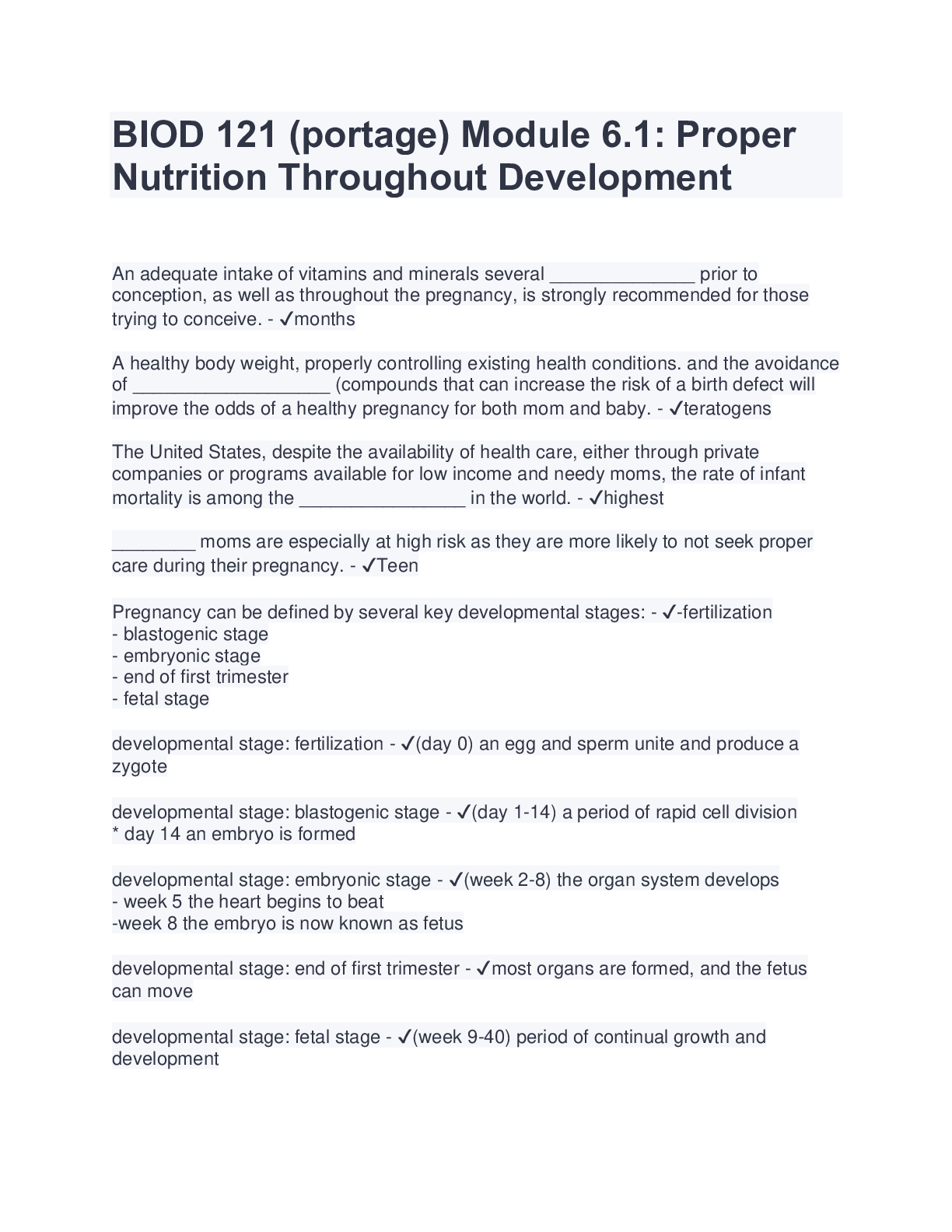 Preview of BIOD 121 (portage) Module 6.1- Proper Nutrition Throughout Development